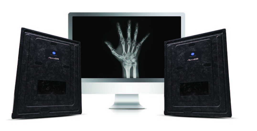 AeroDR Panels with a screen showing an x-ray of a hand