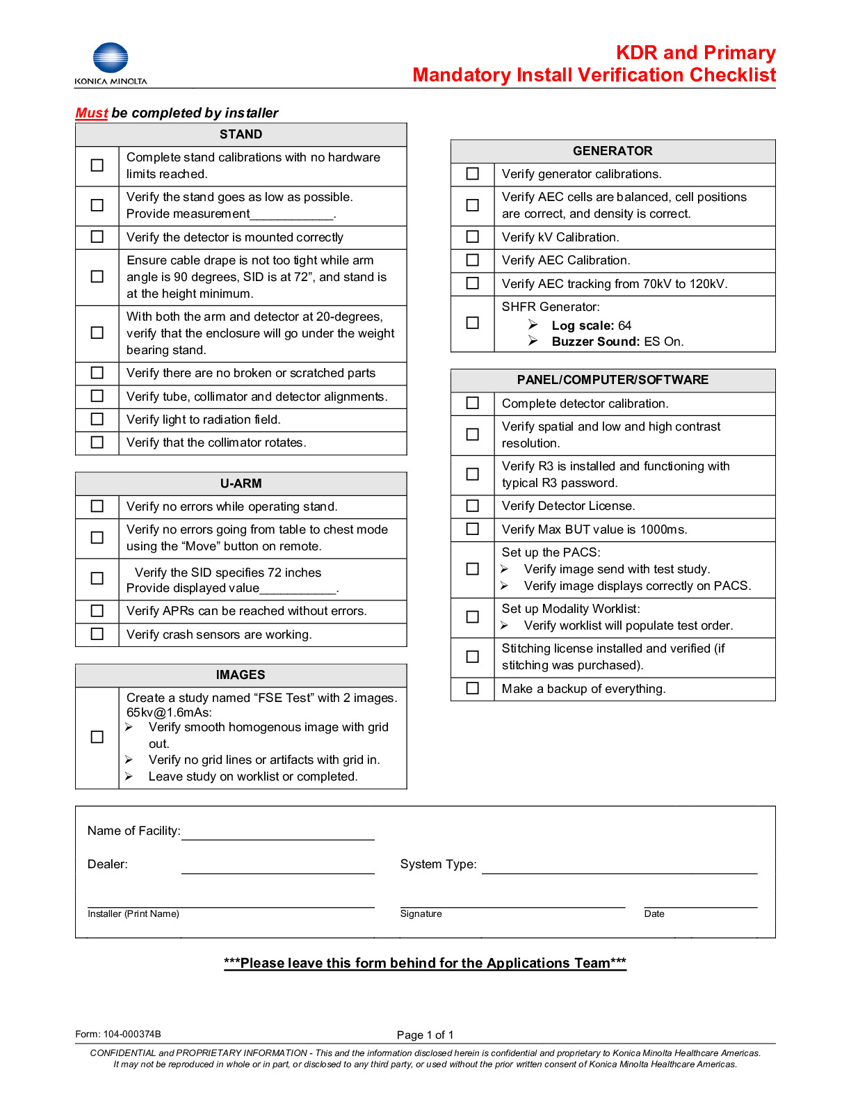104-000374B KDR Primary Mandatory Install Verification Checklist