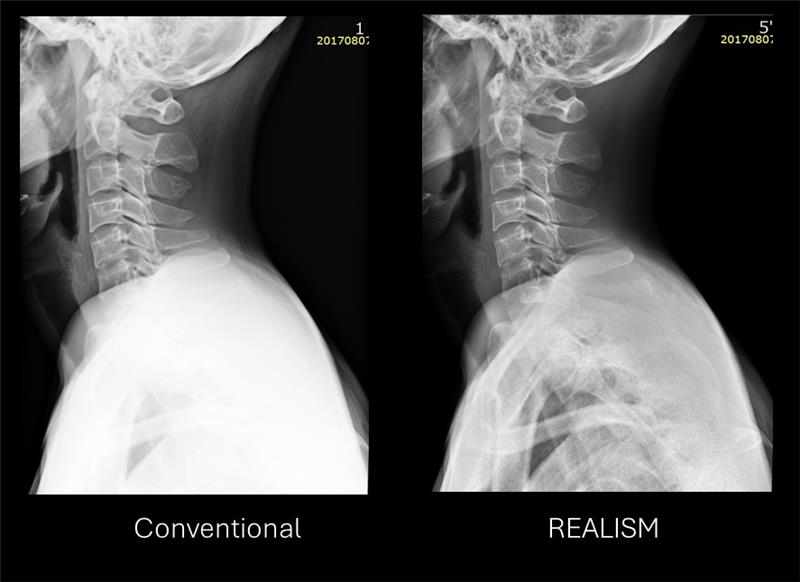 A side-by-side image of an X-ray before and after applying REALISM Image Processing