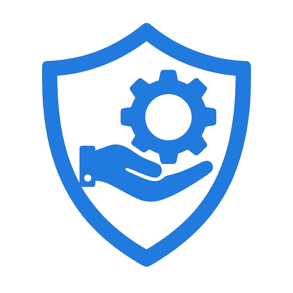 A blue shield icon with a hand holding a gear on it. 