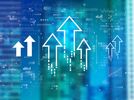 graphic showing data and arrows pointing up representing upgrades