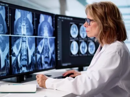 A female Radiology reviewing scans via teleradiology software
