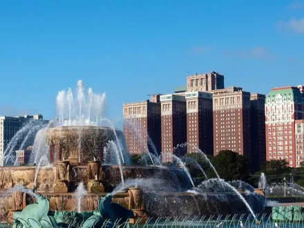 Historic Hilton Hotel in background of park and fountain
