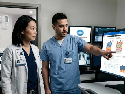A rad tech and radiologist reviewing data charts from AeroRemote Insights
