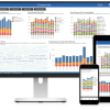 A monitor, smartphone and a tablet showing AeroRemote reporting screens