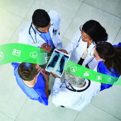 4 doctors looking at exa workflow on tablet screen