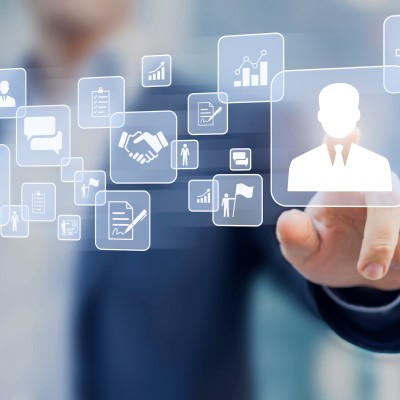 abstract image of man pressing a virtual button of a support person