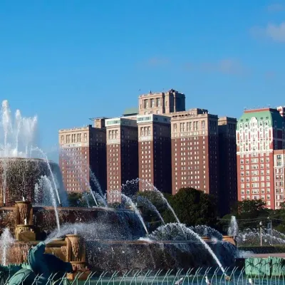 Historic Hilton Hotel in background of park and fountain