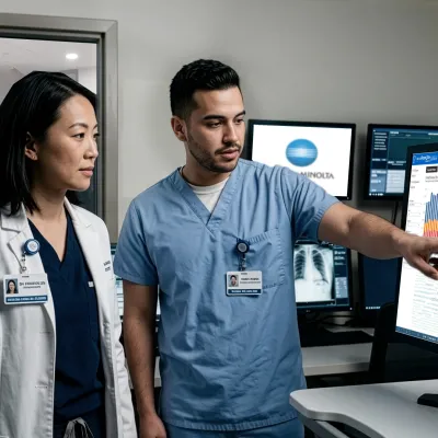A rad tech and radiologist reviewing data charts from AeroRemote Insights